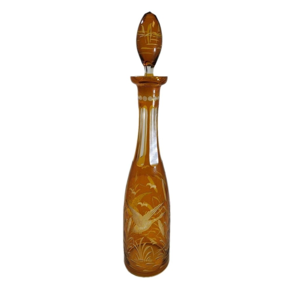 Vintage Amber Glass Decanter with Stopper Etched Bird Cattail Art Glass 15 Inch